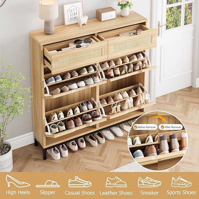 Jocoevol Rattan Shoe Cabinet for Entryway, Boho Shoe Storage Cabinet with 4 Flip Drawers and 2 Drawers, Narrow Freestanding Shoe Rack with Metal Legs for Entryway/Hallway/Foyer (Natural)