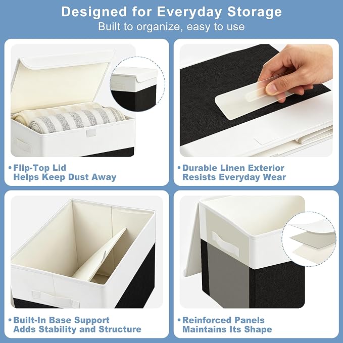 Large 22 Quart Linen Fabric Foldable Storage Bin Cube Organizer Basket with Flip-Top Lid & Handles, Clothes Blanket Box for Home, Office, Closet, Black & White, 4 Pack 14.6 x 9.5 x 9.5