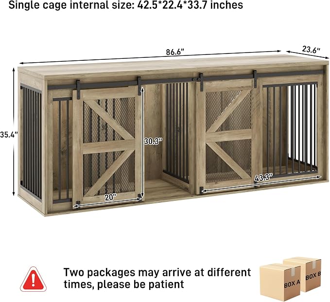 jiteentarou87In Farmhouse Dog Crate TV Stand, Wooden Dog Kennel Furniture with Sliding Metal Mesh Barn Door, Large Dog Crate Furniture for 2 Dogs, Solid Metal Tube & 2 Lockable Doors, Light Grey