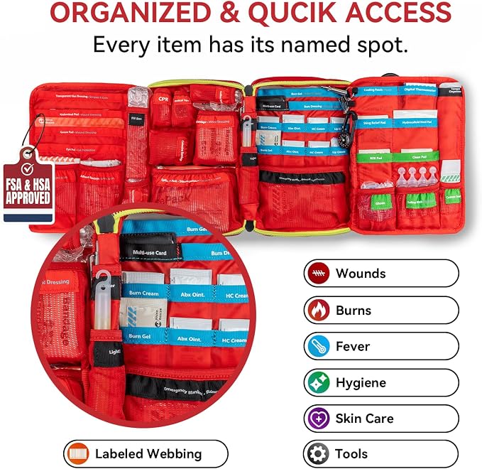 RHINO RESCUE Organized First Aid Kit, Labeled Medical Kit Fully Stocked | Labeled Storage Space with Zip Stitch Wound Closure, Ideal for Car, Travel, Hiking, Home, Businesses, HSA/FSA Approved(Large)