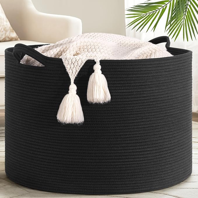Goodpick Extra Large Woven Dirty Clothes Basket for Nursery, 115L | 23.5 x 23.5 x 15.8 In Storage Basket for Nursery, Blanket Basket for Towels Clothes, Balck
