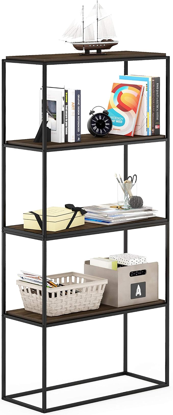 Furinno Moretti 2-Tier Metal Frame Storage Shelves, Columbia Walnut | Easy Assembly, Stackable, Rectangular, Book Shelf, Display Shelf, for Organization, Living Room, Garage, Home Office