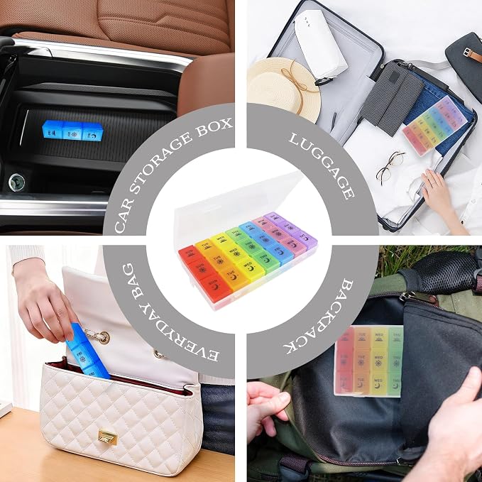 Weekly Pill Organizer 3 Times a Day, 7-Day Moisture-Proof Pill Box with 21 Compartments, Portable Travel Container for Vitamins Fish Oil Compartments Supplements(Color)