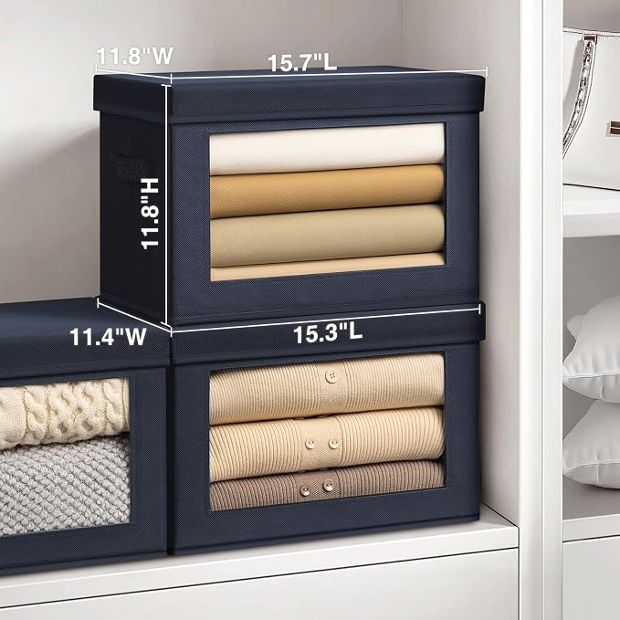 Stackable Storage Bins with Lids - Large Decorative Basket with Lids, Fabric Foldable Closet Organizer Bins, Shelf Organizer for Living Room, Dorm, 5 Pack, Navy Blue