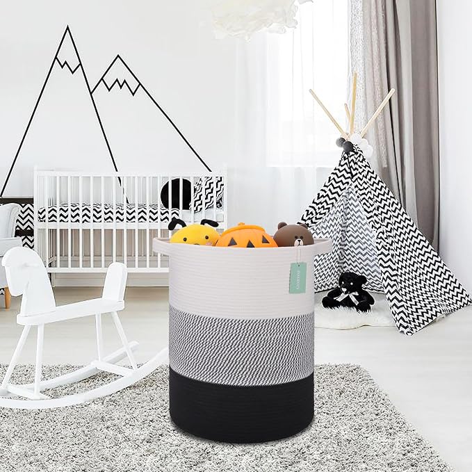 Cotton Rope Blanket Basket, 72L Laundry Hamper, White& Gray& Black