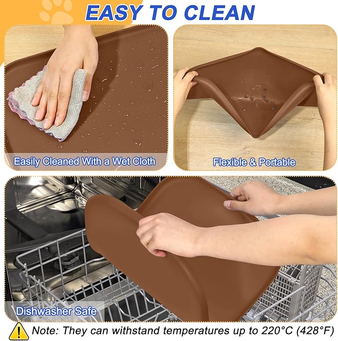 SMILOOL Silicone Pet Feeding Mat with Raised Edge for Food and Water, Dog Bowl Mats, Cat Bowls Placemat with High Lip for Floor Waterproof, Rubber Tray for Cats and Dogs 19 x 12 x0.7 Brown