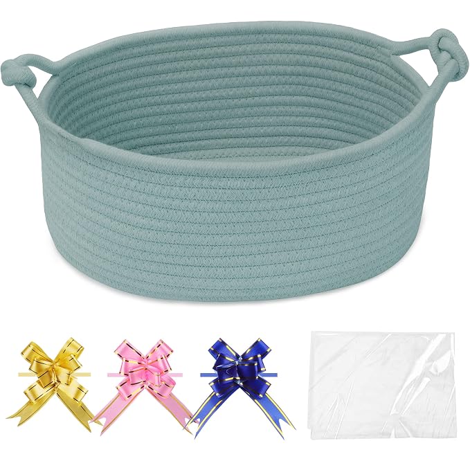 COMSE Small Gift Basket Empty with Bag & Ribbons, Solid Light Green | Cotton Rope, 12"x 8"x 5", Pet Toy Storage Organizer, Woven Basket for Birthdays, Baby Showers, Mother’s Day, Valentine’s Day