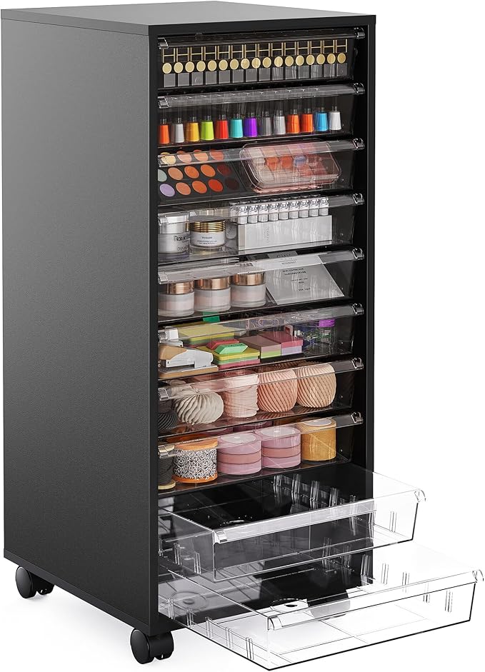 Storage Drawer Cart, Mobile Storage Cabinet, Makeup Storage with 10 Large Clear Drawers, Utility Wooden Rolling Cart on Wheels, for Cosmetic, Art Craft, Office Supplies, Toy, Black