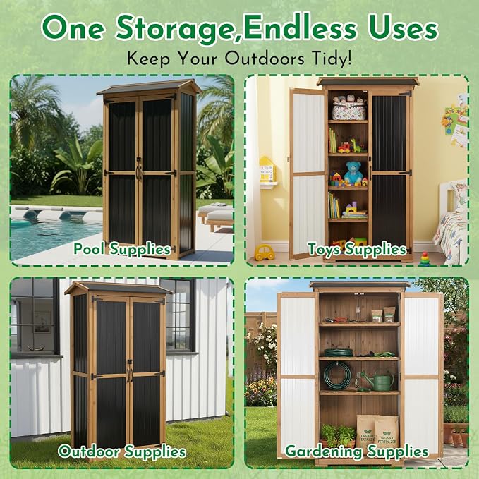 Ketive Outdoor Storage Cabinet, Wood & Metal Garden Cabinet with 3 Adjustable Shelf, Weather-Resistant Roof, Lockable Doors & Adjustable Feet for Patio, Garden, Farm (33" L x 21" W x 69" H)
