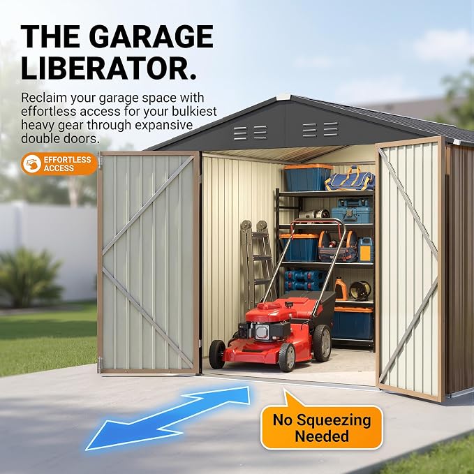 Devoko 8x10 FT Outdoor Storage Shed, Metal Tool Shed with Lockable Door&Slooping Roof, Outside Storage for Garden Backyard Patio(Brown)