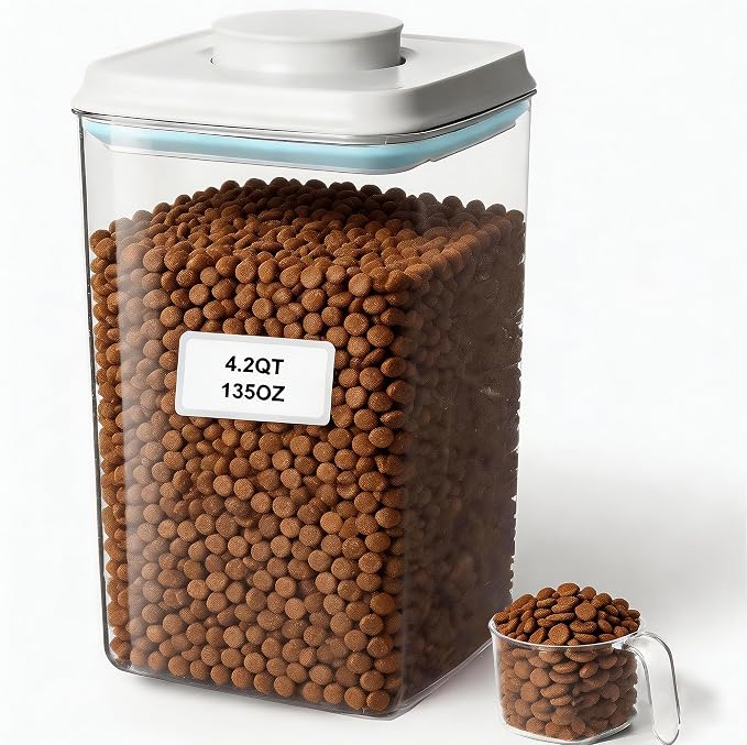 3-5 Lbs Dog Cat Treat Container Pop Pet Food Storage Container with Scoop | Dog Food Storage Bin Canister with Pop Up Lid Airtight Stackable BPA-Free Pet Treat Containers for Kibble & Treats 4.2qt