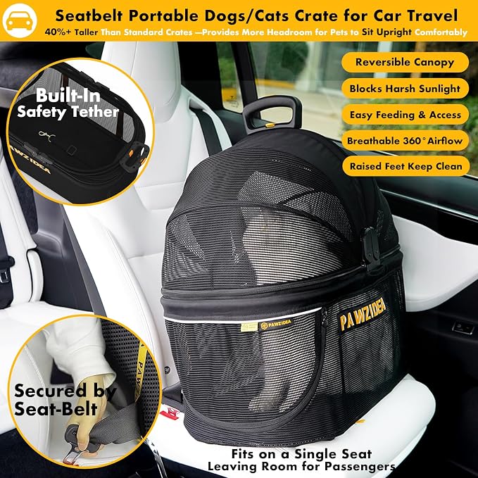 PAWZIDEA Pet Stroller 4-in-1, Foldable Dog Stroller with Detachable Carrier | Escape-Proof No-Zip Canopy, Portable Travel Crate & Car Seat Combo, for Small to Medium Dogs & Cats up 33 lbs, Storage Basket