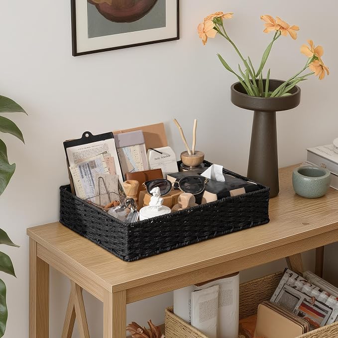 StorageWorks Large Toilet Paper Basket, Wicker Woven Trays for Decor, Black | Bathroom Vanity Tray for Countertop, Entryway, Shallow Bathroom Baskets, Wicker Storage Baskets for Shelves, Bedroom, 2 Pack