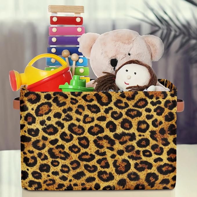 Leopard Print Storage Boxes Theme Storage Nursery Baskets with Handle Closet Collapsible Organizer Shelf Bins for Book Cloth 15 X 11 X 9.5 IN