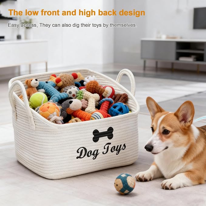 Large Dog Toy Basket-Woven Dog Toy Box for Living Room Area-Trapezoid Pet Toys Bin with Handle-Dog Organizer for Toys,Collar,Leash,Blanket -13.4''x11.8''x10.6''-Beige