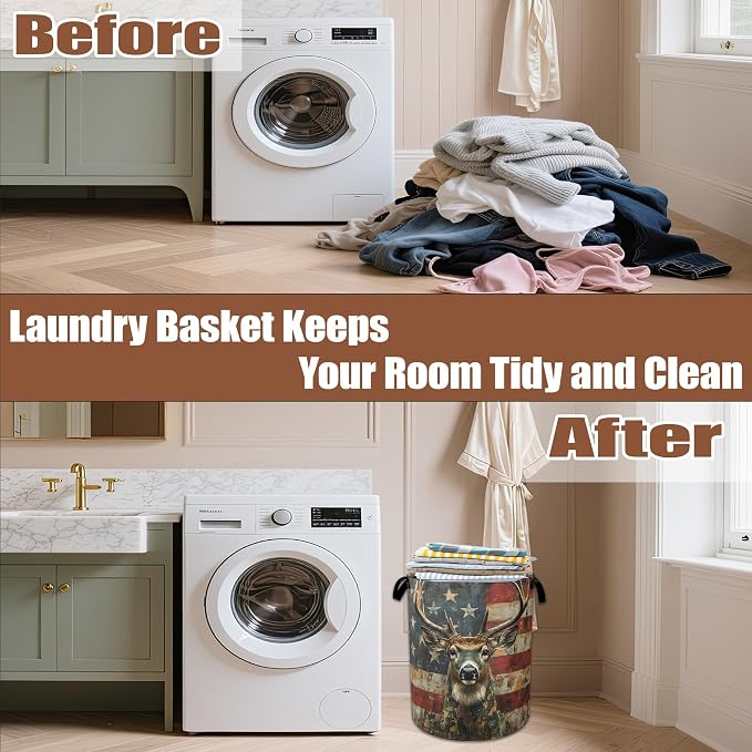 American Flag Laundry Basket,Waterproof Foldable Grunge Deer Laundry Hamper,Dirty Clothes Laundry Basket, Linen Bin Storage Organizer Collection 16" x 20.8"