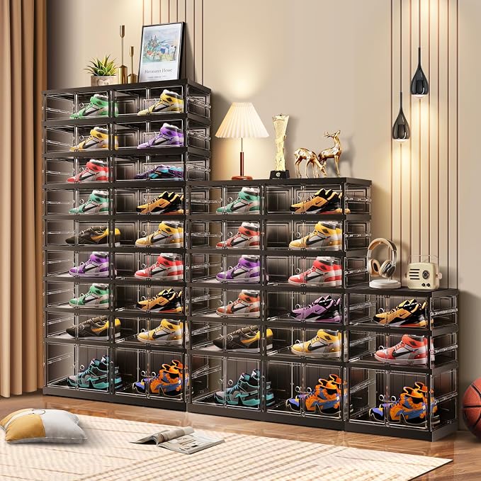 CIMLORD 3-Tier Foldable Shoe Rack, Magnetic Clear Doors, 12 Pairs, Black | Collapsible Plastic Shoe Cabinet, Stackable, Lidded, Tool-Free Assembly, Fits Boots & Sneakers, Closet & Entryway