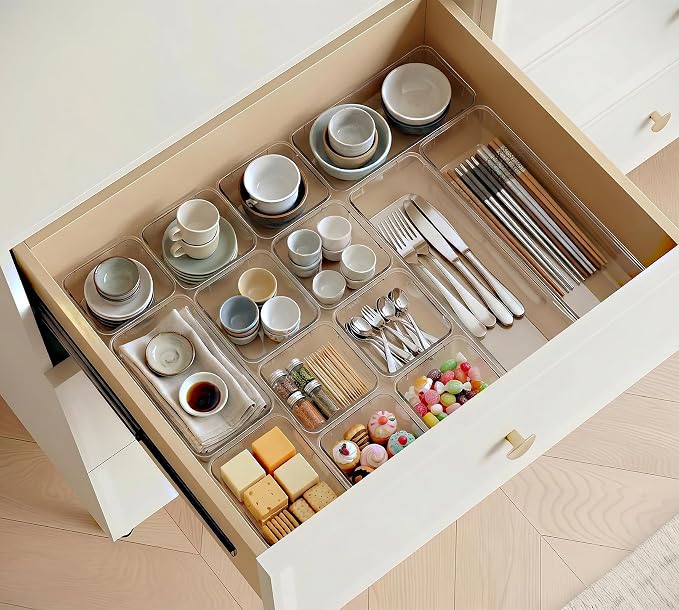 DCA 14 PCS Clear Drawer Organizer, Vanity Organizer Storage Trays | Makeup & Bathroom Organizer | Vanity Drawer Insert | 4 Sizes | Easy to Clean
