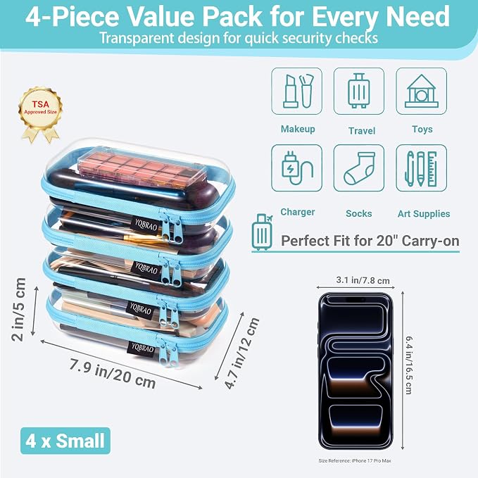 YQBRAO Clear Hard Shell Zipper Cases, 4 Small Cable Organizers, Blue | Rigid 1.2 mm PET and YKK dual zippers for cosmetics, charging cords, pens and travel accessories