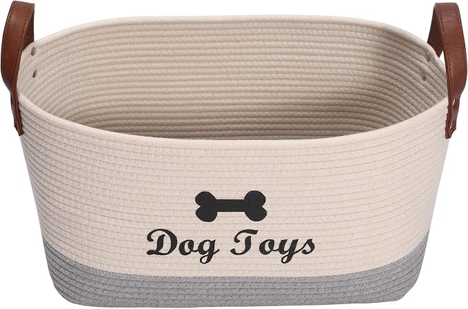 Large Dog Toy Basket, 100% Cotton Rope Dog Toy Storage Bin-Beige ﻿ ﻿ | Dog Toy Box for Livingroom Area with Handle for organizing Pet toys,Blankets,Leashes,Pee Mats and Diapers-16.5"x10.6"x 7.5"