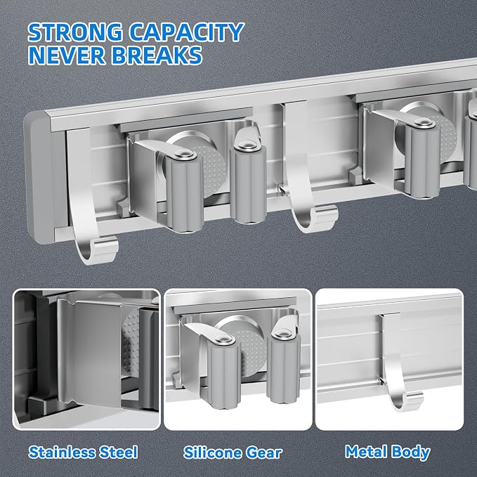 reliahom Broom Holder Wall Mount Mop Hanger Tools organizer 4Racks 5Hooks | Adjustable Stick or Screw Mop Broom Wall Hanging Tool Storage Rack Space-saving for Garage,Kitchen,Laundry Room,Garden,Silver