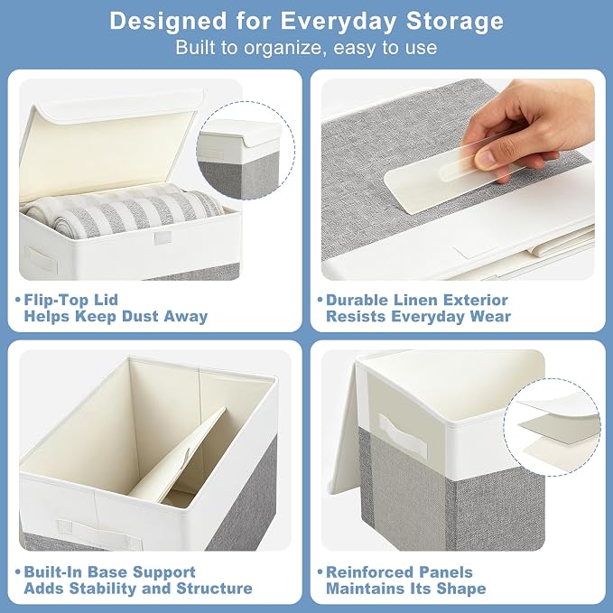 Large 22 Quart Linen Fabric Foldable Storage Bin Cube Organizer Basket with Flip-Top Lid & Handles, Clothes Blanket Box for Home, Office, Closet, Gray & White, 4 Pack 14.6 x 9.5 x 9.5”