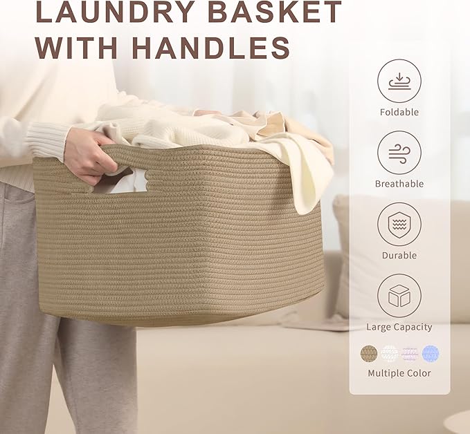 72L Large Woven Laundry Basket Hamper with Handles, Jute | collapsible wicker hamper, storage for dirty clothes, toys, blankets, gifts, living room, bedroom, bathroom, 22"x17"x12"