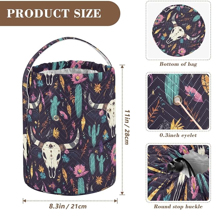 Fustylead Tribal Skull Cactus Western Skeleton Bull Crochet Drawstring Organizer, Large Yarn Bag Storage Tote Basket for Crocheting On The Go, Kit Holder, Gift for Knitter, Crochet Beginner