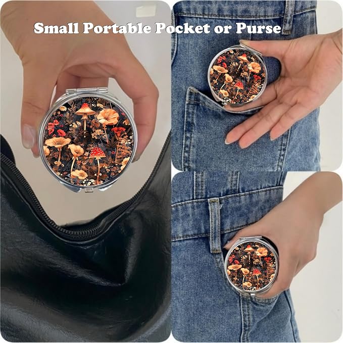 Small Pill Box 3 Detachable Compartments Pill Case with Mirror 2.4inches Pocket Round Medicine Organizer, Mini Portable Pill Organizer for Pocket Purse& Travel Convenience-Vintage Mushrooms
