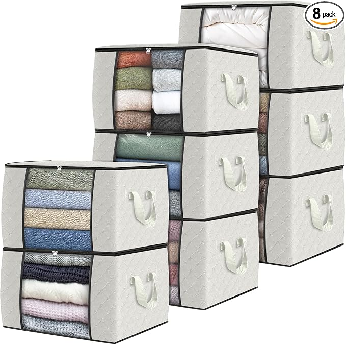 8 Pack Storage Bags for Clothes Blanket Storage Bins with Lids | Foldable Closet Organizers with Zippers,Window and Handles,Fabric Storage Bins for Sweater,Comforter,Bedding,Dorm essentials