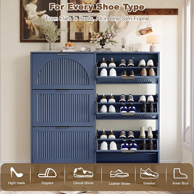 Shoe Storage Cabinet with 6 Flip Drawers, Narrow Wood Shoe Organizer Cabinet with Fluted Panel, Slim Shoe Rack for Entryway, Freestanding Shoe Cabinet for Living Room, Hallway, Blue
