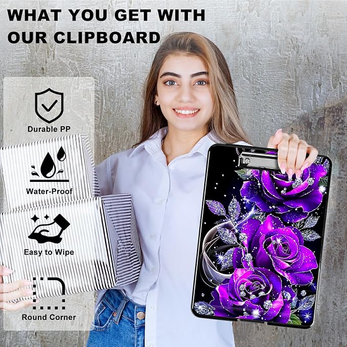 Purple Rose 01 A4 Clipboard with Storage Pen Holder, Clipboards Organizer Nursing Clipboard Foldable File Folder Plastic Clipboard Folio Clip Board for Office Students Classroom Doctor