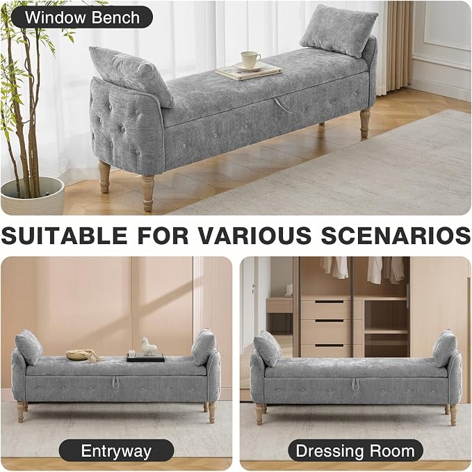 67"End of Bed Storage Bench King Size,Upholstered Bedroom Bench,Grey | Linen Storage Bench for Bedroom End of Bed ,2 Cushion, Vintage Wood Legs ,Tufted,Storage Ottoman Bench for Entryway Window