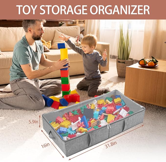 Underbed Storage Containers, 2-Pack Under Bed Toy Storage Boxes with Lids | Foldable Under Couch Storage Bins (31.8×16×5.9in), Clear Lid Toys Organizer for Plush Dolls, Books, Clothes, Shoes & Blankets