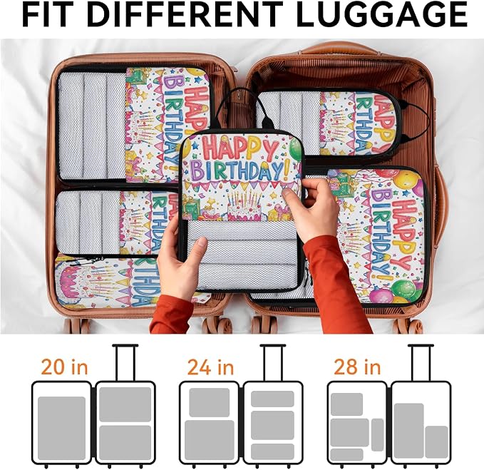 Happy Birthday 6 Set Compression Packing Cubes Colorful Balloons Expandable Packing Organizer for Travel Accessories Luggage Suitcase Bag