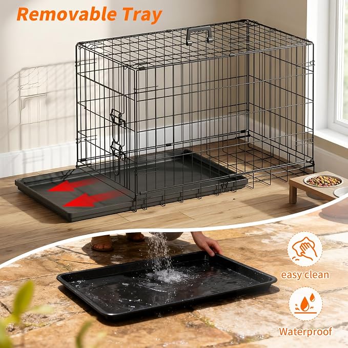 FDW Dog Crate 30-Inch Dog Cage Single Door Foldable Metal Kennel with Leakproof Tray Foldable Design Indoor Outdoor Use for Small and Medium Dogs,Dark Black