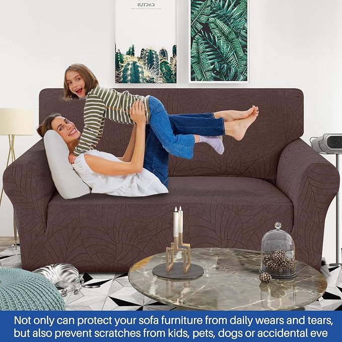 YEMYHOM Couch Cover Latest Jacquard Design High Stretch Sofa Covers for 2 Cushion Couch, Pet Dog Cat Proof Loveseat Slipcover Non Slip Elastic Furniture Protector (Medium, Begonia Leaf Coffee)