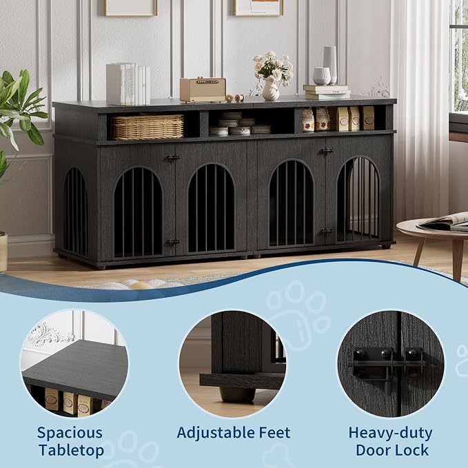Garvee Double Dog Crate Furniture 71 in Dog Kennel Furniture for 2 Medium Dogs, Heavy Duty Dogs Cage XL Dogs House Indoor with 3 Storage Shelves, Large Puppy Crates with 8 Adjustable Feet