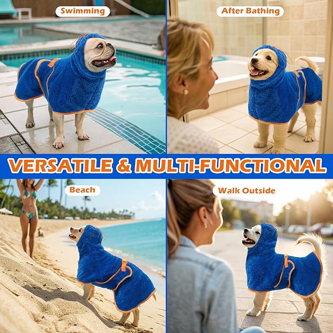 EXPAWLORER Soft Dog Bathrobe with Hood, Super Absorbent & Quick-Drying Dog Towels, Cozy Drying Coat for After Bath,Swimming, Blue XL