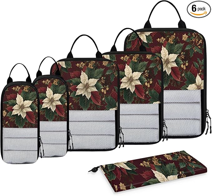 Christmas Poinsettia 6 Set Compression Packing Cubes Red Winter Xmas Expandable Packing Organizer for Travel Accessories Luggage Suitcase Bag