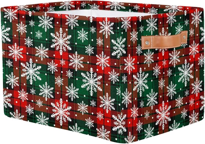 Pardick Christmas Red Green Snowflake Basket Storage Bins Large Fabric Toys Storage Cube Box with Handles Collapsible Closet Shelf Cloth Organizer Basket for Nursery Bedroom Bathroom Holiday Gift