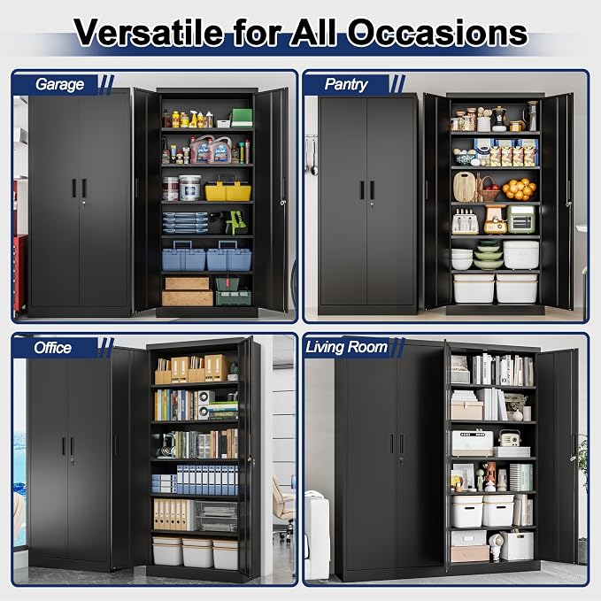 BESFUR Metal Storage Cabinet with 2 Doors and 5 Adjustable Shelves Garage Storage Cabinet with Lock 71" Office Storage Cabinets Locking Cabinets for Garage Office Shop Home (Black)
