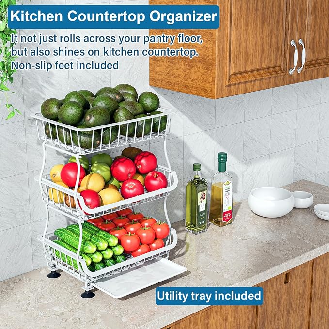 OKZEST 3-Tier Rolling Pantry Floor Organizers and Storage Cart with Wheels | Fits under pantry shelf, Stackable kitchen pantry baskets with dirt catch tray, Holds drink, snack, can, potato, onion, fruit