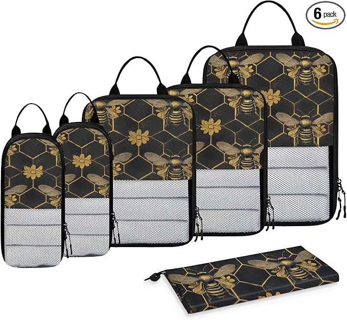 TropicalLife Vintage Bee Honeycomb 6 Set Compression Packing Cubes | Golden Flower Travel Accessories Expandable Packing Organizers Space Saver Bags for Organizing Clothes