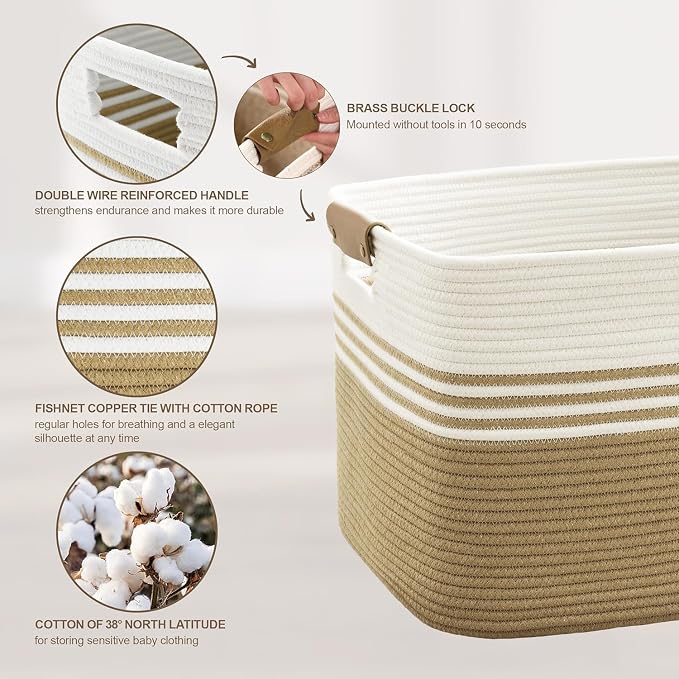 45L Small Woven Laundry Basket Hamper with Leather Handles,Khaki | collapsible wicker hamper, storage for dirty clothes, toys, blankets, gifts, living room, bedroom, bathroom, 18"x14"x11"