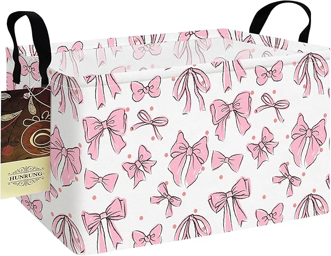 Rectangle Foldable Storage Basket Handles For Home, Pink Bow | Waterproof canvas material, reinforced handles, perfect for shelf use, organizes clothes, daily items and pet supplies