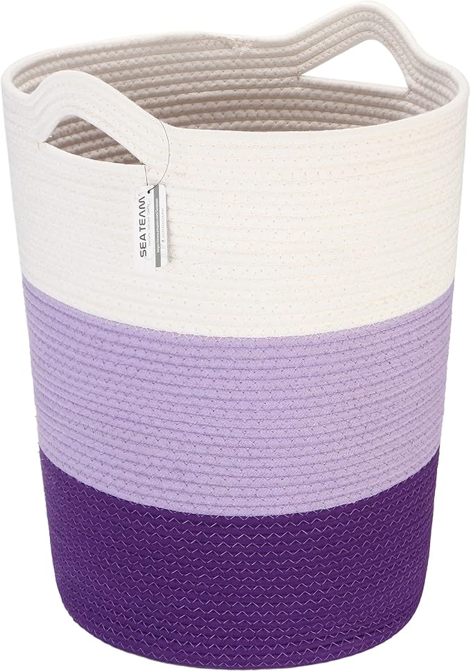 Sea Team Large Woven Cotton Rope Laundry Basket with Handles, 20 x 14 in | Collapsible Knitted Hamper, Closet Shelf Organizers, Containers for Clothing, Blankets, Toys, Bedding, Lavender