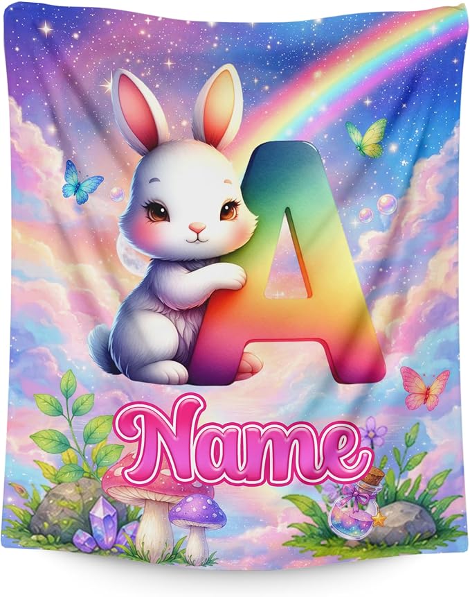 Personalized Blanket for Girls Bunny Throw, Custom Initial Name Kid Blanket | Kids Gift for Daughter, Cute Rabbit Blanket, Soft Touch, Living Room Throw