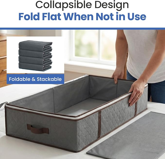Underbed Storage Bags 4-Pack - Foldable Under Bed Storage Organizer for Clothes, Bedroom Blankets, Comforter, Pillows, Linen Sheets, Towels, Sweaters, Shoe Drawers - Ideal for College Dorms (Grey)