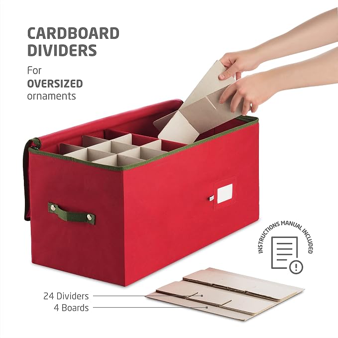 ZOBER Large Christmas Ornament Storage Box - Stores 54 4" Large Ornaments, With Dividers - Ornament Organizer Storage Box, Durable Christmas Containers Holder, Dual Zipper - Red